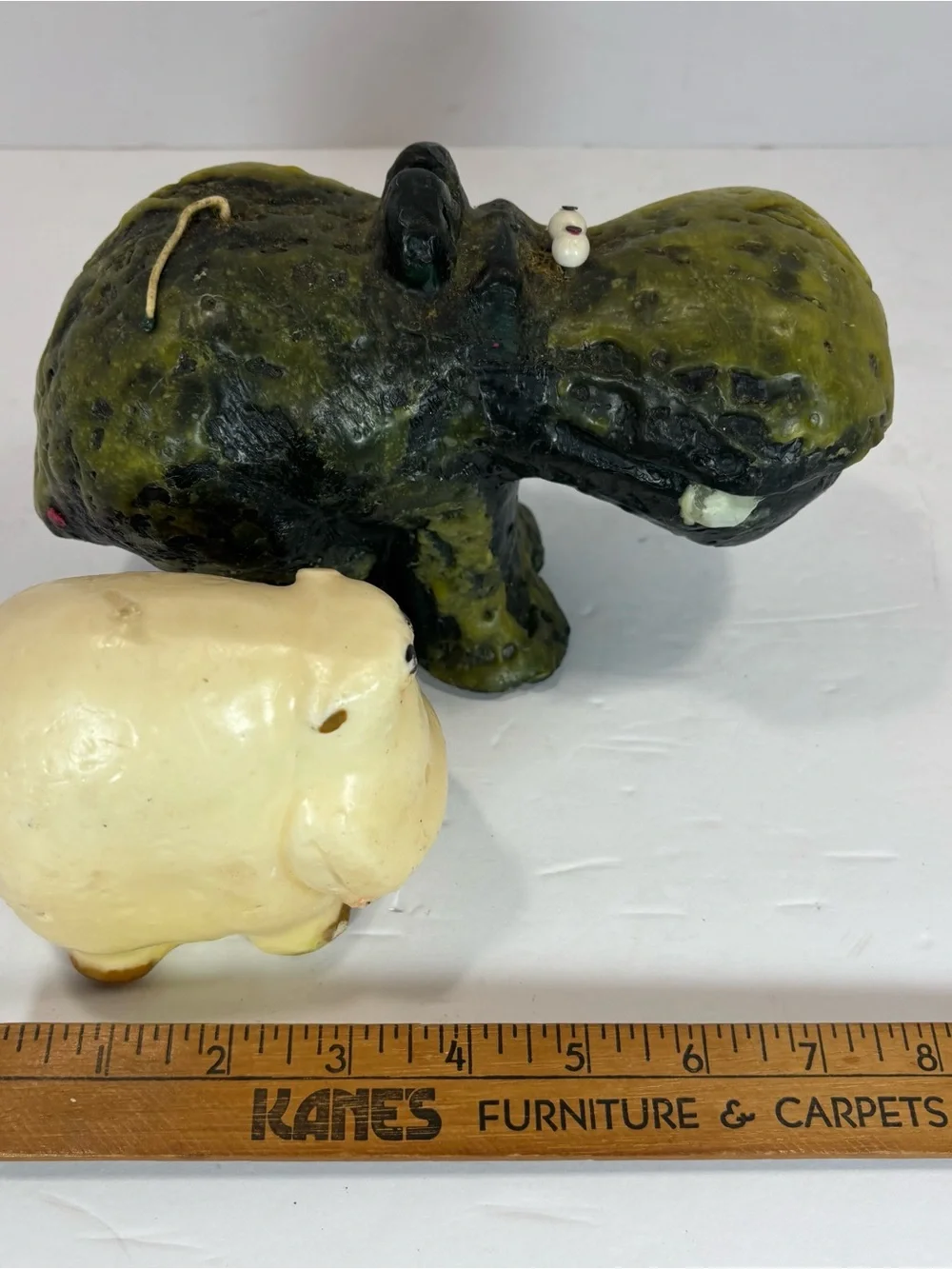 Vtg Candle Creations Lot of 2 Green & White Hippo 1970’s Unused Wax MCM Candles